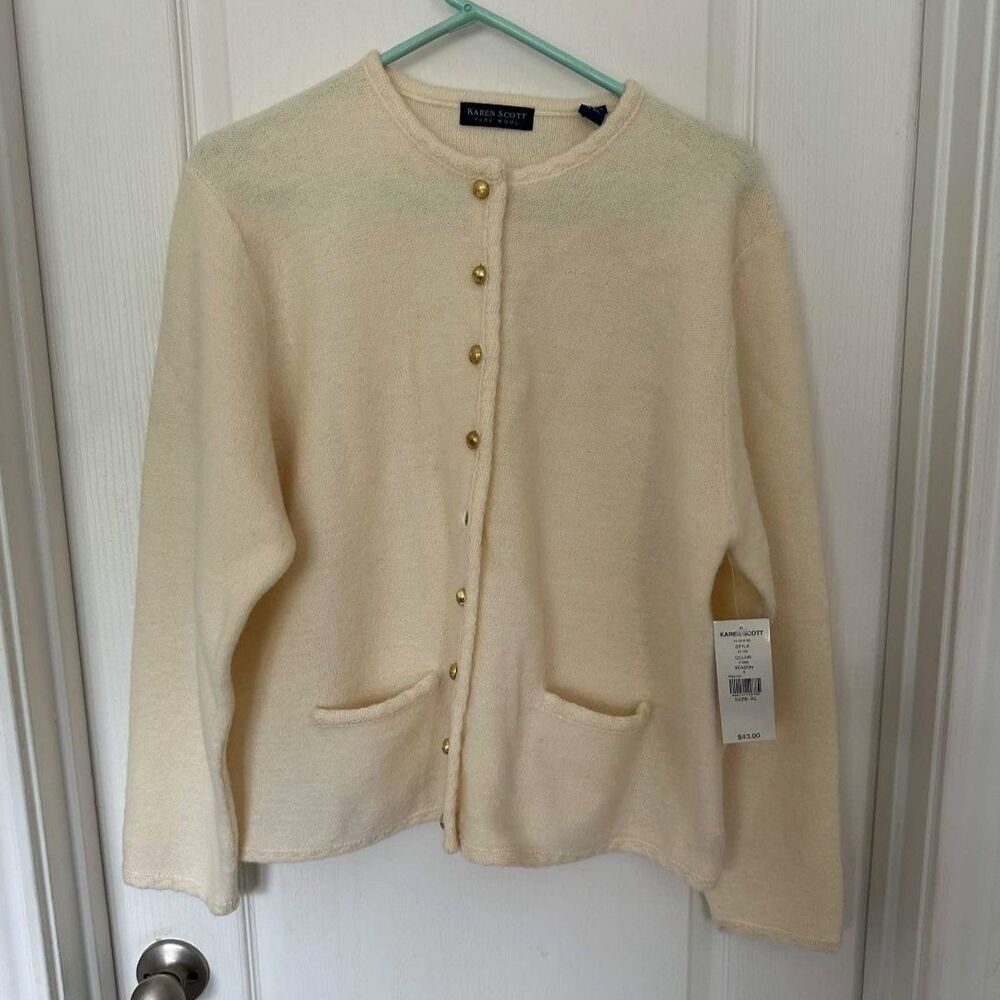NWT VTG Karen Scott 100% Wool Old Money Cream Cardigan Size XL Quiet Luxury
